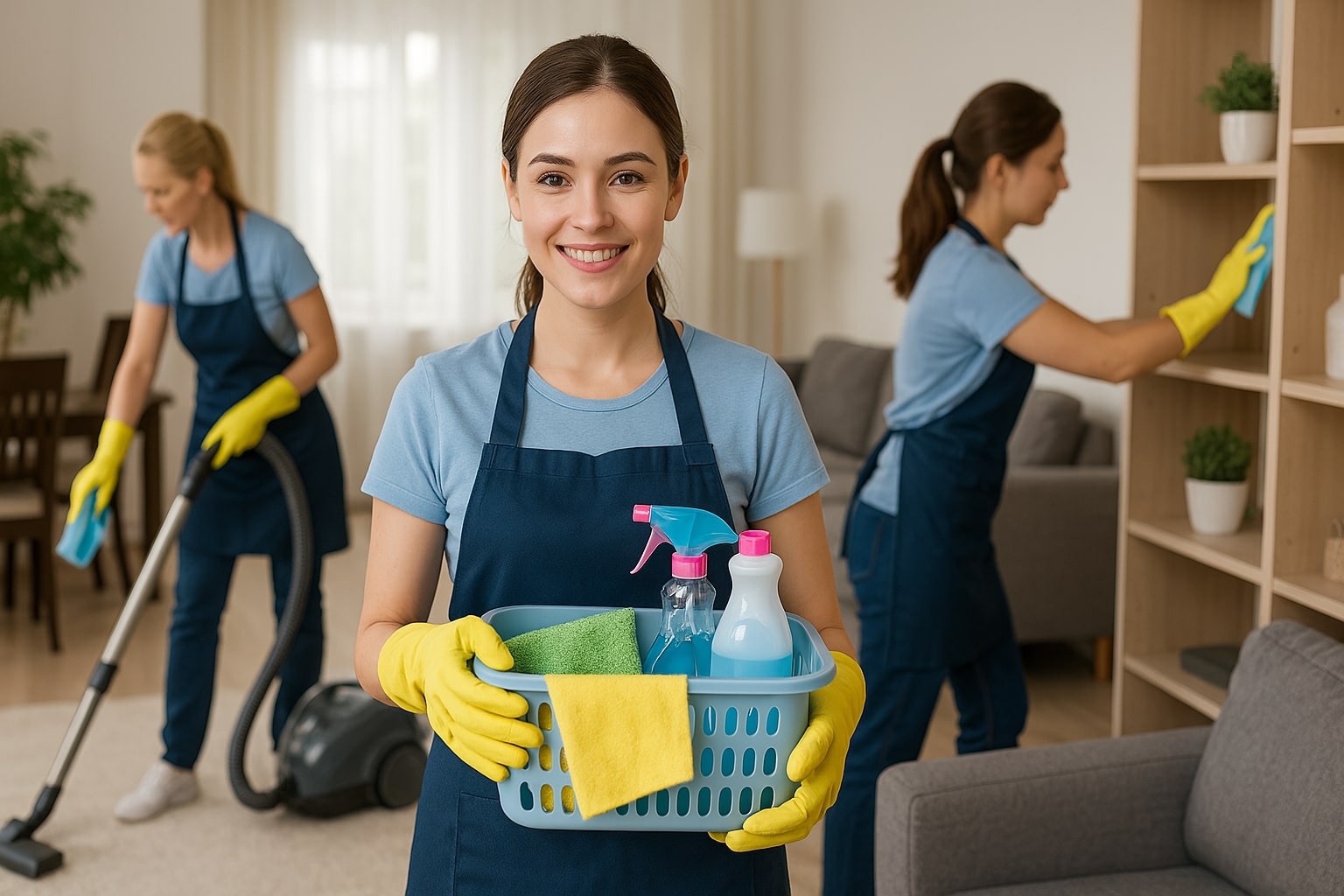 Professional house cleaning team member with cleaning supplies