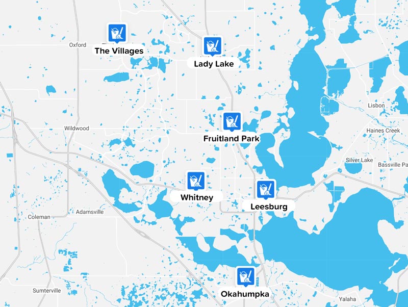 Service Area Map showing Leesburg, The Villages, Lady Lake, and surrounding areas